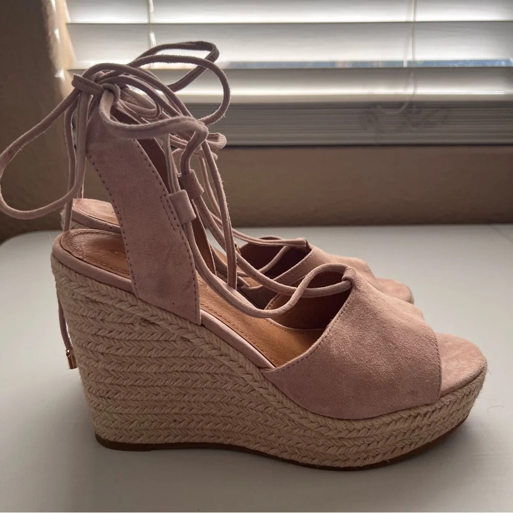 Lace-Up Espadrille Wedge Sandals in Blush